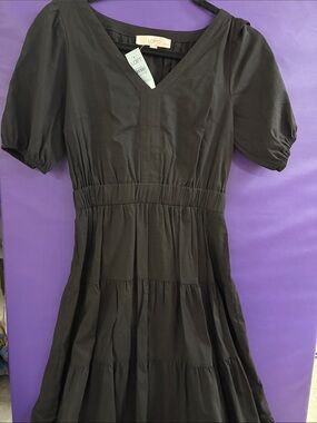 LOFT Black V-Neck Puff Sleeve Tiered Midi Dress